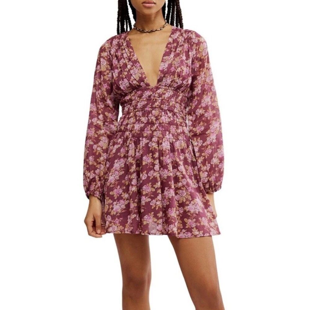 Free People Womens Foral Babydoll Mini Dress Sz S Boho Feminine Romantic